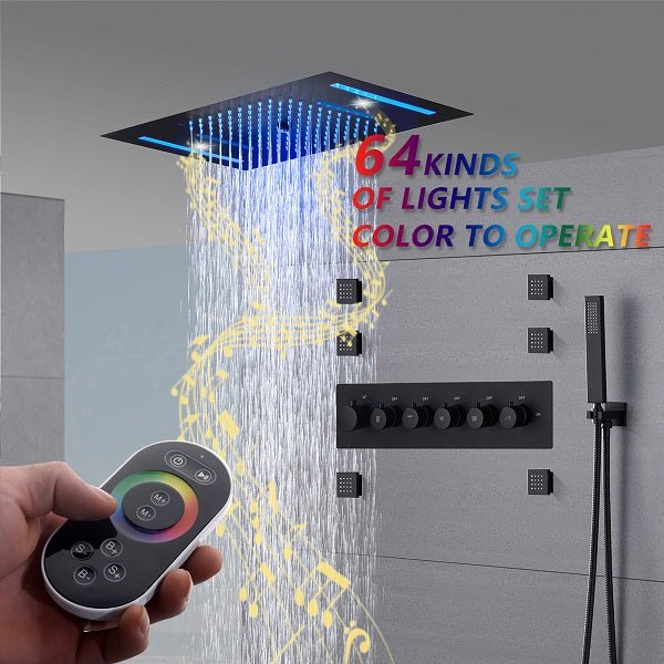 Cascada Luxury 15”x23” Music LED shower system with built-in Bluetooth Speakers, 5 functions (Waterfall, Rain, Rain Curtain, body jets) & Remote Control 64 Color Lights cascada system LED bluetooth shower head speaker hot cold music rain rainfall musical lights showerhead body spray jets waterfall misty ceiling mounted handheld high pressure multicolor holder matte black chrome oil rubbed bronze mixer remote control