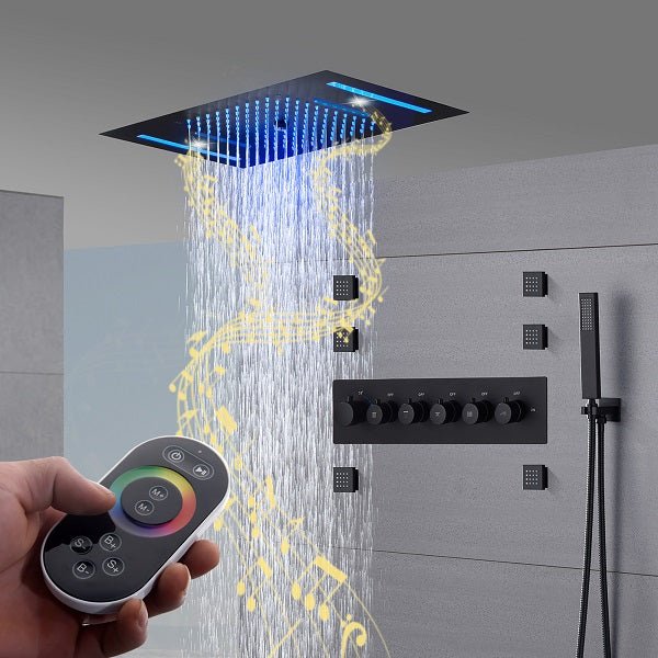 Cascada Luxury 15”x23” Music LED shower system with built-in Bluetooth Speakers, 5 functions (Waterfall, Rain, Rain Curtain, body jets) & Remote Control 64 Color Lights cascada system LED bluetooth shower head speaker hot cold music rain rainfall musical lights showerhead body spray jets waterfall misty ceiling mounted handheld high pressure multicolor holder matte black chrome oil rubbed bronze mixer remote control