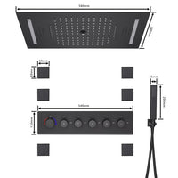 Cascada Luxury 15”x23” Music LED shower system with built-in Bluetooth Speakers, 5 functions (Waterfall, Rain, Rain Curtain, body jets) & Remote Control 64 Color Lights cascada system LED bluetooth shower head speaker hot cold music rain rainfall musical lights showerhead body spray jets waterfall misty ceiling mounted handheld high pressure multicolor holder matte black chrome oil rubbed bronze mixer remote control