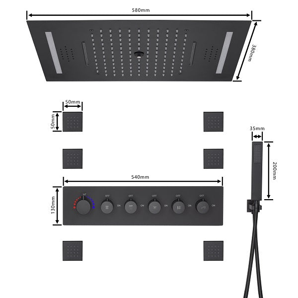 Cascada Luxury 15”x23” Music LED shower system with built-in Bluetooth Speakers, 5 functions (Waterfall, Rain, Rain Curtain, body jets) & Remote Control 64 Color Lights cascada system LED bluetooth shower head speaker hot cold music rain rainfall musical lights showerhead body spray jets waterfall misty ceiling mounted handheld high pressure multicolor holder matte black chrome oil rubbed bronze mixer remote control