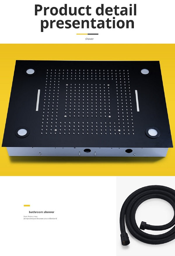 Cascada Classic Design 23"x31" Large shower Set with Waterfall LED rectangle recessed 4 function shower head, massaging body jets & handheld, remote control, Stainless Steel showerhead system rain head shower handheld set complete led bathroom waterfall heads light rainfall Thermostatic 6 knob Shower Set for lights bathroom set Antique Brushed Brass Finish color change ceiling mount Rainfall waterfall Rain Curtain SPA Misting complete shower set bathroom rainfall shower head with handheld