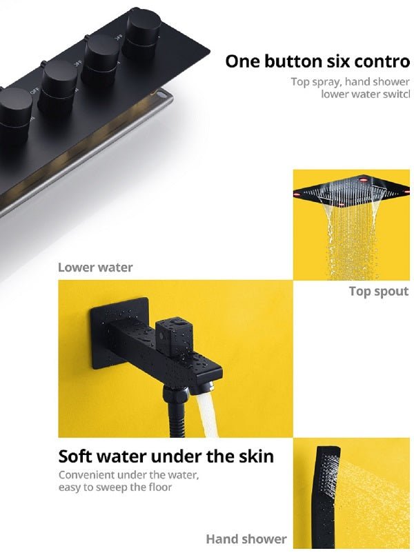 Cascada Classic Design 23"x31" Large shower Set with Waterfall LED rectangle recessed 4 function shower head, massaging body jets & handheld, remote control, Stainless Steel showerhead system rain head shower handheld set complete led bathroom waterfall heads light rainfall Thermostatic 6 knob Shower Set for lights bathroom set Antique Brushed Brass Finish color change ceiling mount Rainfall waterfall Rain Curtain SPA Misting complete shower set bathroom rainfall shower head with handheld