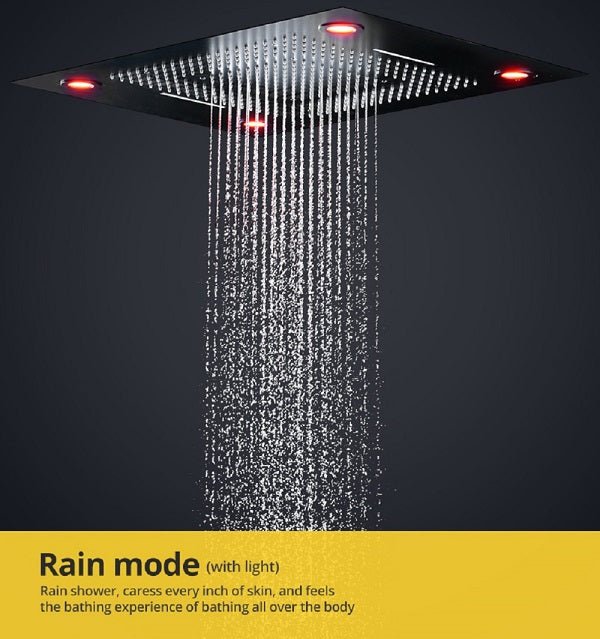 Cascada Classic Design 23"x31" Large shower Set with Waterfall LED rectangle recessed 4 function shower head, massaging body jets & handheld, remote control, Stainless Steel showerhead system rain head shower handheld set complete led bathroom waterfall heads light rainfall Thermostatic 6 knob Shower Set for lights bathroom set Antique Brushed Brass Finish color change ceiling mount Rainfall waterfall Rain Curtain SPA Misting complete shower set bathroom rainfall shower head with handheld