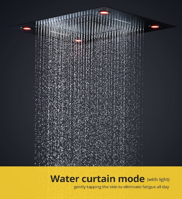 Cascada Classic Design 23"x31" Large shower Set with Waterfall LED rectangle recessed 4 function shower head, massaging body jets & handheld, remote control, Stainless Steel showerhead system rain head shower handheld set complete led bathroom waterfall heads light rainfall Thermostatic 6 knob Shower Set for lights bathroom set Antique Brushed Brass Finish color change ceiling mount Rainfall waterfall Rain Curtain SPA Misting complete shower set bathroom rainfall shower head with handheld