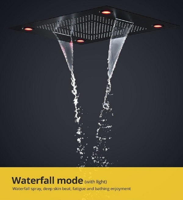 Cascada Classic Design 23"x31" Large shower Set with Waterfall LED rectangle recessed 4 function shower head, massaging body jets & handheld, remote control, Stainless Steel showerhead system rain head shower handheld set complete led bathroom waterfall heads light rainfall Thermostatic 6 knob Shower Set for lights bathroom set Antique Brushed Brass Finish color change ceiling mount Rainfall waterfall Rain Curtain SPA Misting complete shower set bathroom rainfall shower head with handheld