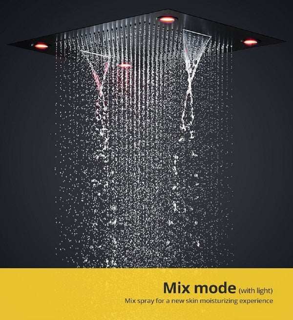 Cascada Classic Design 23"x31" Large shower Set with Waterfall LED rectangle recessed 4 function shower head, massaging body jets & handheld, remote control, Stainless Steel showerhead system rain head shower handheld set complete led bathroom waterfall heads light rainfall Thermostatic 6 knob Shower Set for lights bathroom set Antique Brushed Brass Finish color change ceiling mount Rainfall waterfall Rain Curtain SPA Misting complete shower set bathroom rainfall shower head with handheld