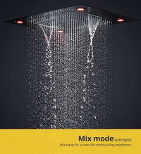 Cascada Classic Design 23"x31" Large shower Set with Waterfall LED rectangle recessed 4 function shower head, massaging body jets & handheld, remote control, Stainless Steel showerhead system rain head shower handheld set complete led bathroom waterfall heads light rainfall Thermostatic 6 knob Shower Set for lights bathroom set Antique Brushed Brass Finish color change ceiling mount Rainfall waterfall Rain Curtain SPA Misting complete shower set bathroom rainfall shower head with handheld