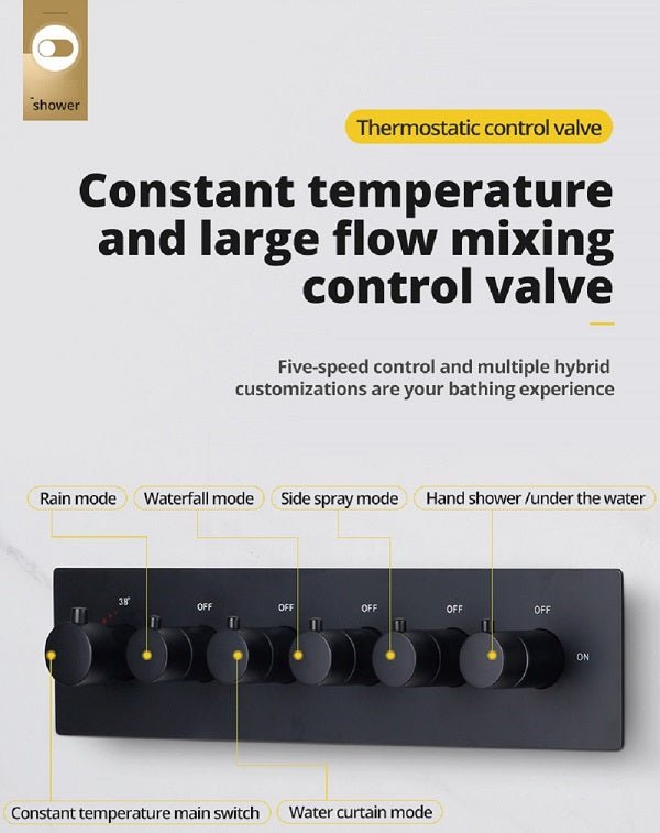 Cascada Classic Design 23"x31" Large shower Set with Waterfall LED rectangle recessed 4 function shower head, massaging body jets & handheld, remote control, Stainless Steel showerhead system rain head shower handheld set complete led bathroom waterfall heads light rainfall Thermostatic 6 knob Shower Set for lights bathroom set Antique Brushed Brass Finish color change ceiling mount Rainfall waterfall Rain Curtain SPA Misting complete shower set bathroom rainfall shower head with handheld