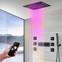 Cascada Luxury 15”x23” Music LED shower system with built-in Bluetooth Speakers, 4 function (Rainfall, Waterfall, Body Jet & Handshower) with Remote Control 64 Color Lights cascada system LED bluetooth shower head speaker hot cold music rain rainfall musical lights showerhead body spray jets waterfall misty ceiling mounted handheld high pressure multicolor holder matte black chrome oil rubbed bronze mixer remote control