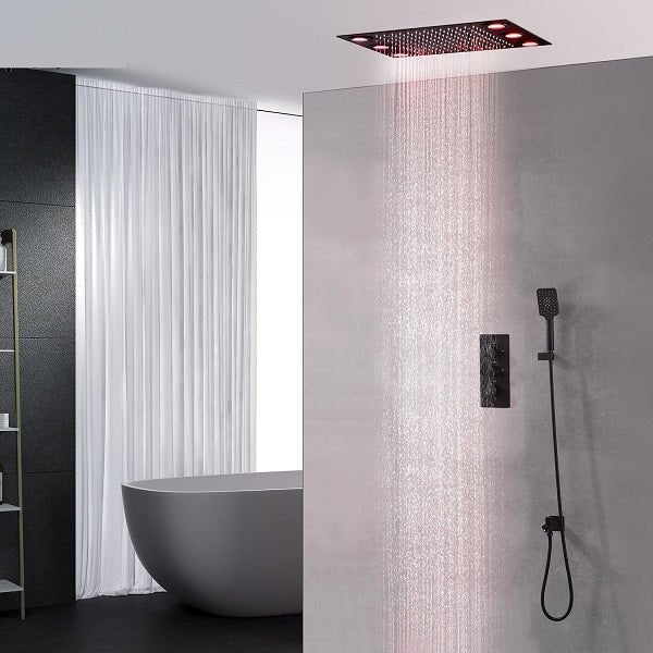 Cascada 14"x20" LED Shower System with 2-Way Thermostatic Valve - Cascada Showers shower head with handheld rain LED rainfall 3 knob handle shower heads high pressure black hand held system holder spout spray matte fixtures gold kit chrome oil rubbed bronze mixer remote modern ceiling mount 2 way thermostatic square showers system Cascada Thermostatic 14 x 20 Inch LED Shower System with 2-Way thermostatic mixer, Top Spray Shower and Push Button Hand Shower