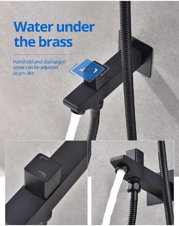 Cascada 14"x20" LED Shower System with 2-Way Thermostatic Valve - Cascada Showers shower head with handheld rain LED rainfall 3 knob handle shower heads high pressure black hand held system holder spout spray matte fixtures gold kit chrome oil rubbed bronze mixer remote modern ceiling mount 2 way thermostatic square showers system Cascada Thermostatic 14 x 20 Inch LED Shower System with 2-Way thermostatic mixer, Top Spray Shower and Push Button Hand Shower