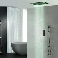 Cascada 14"x20" LED Shower System with 2-Way Thermostatic Valve - Cascada Showers shower head with handheld rain LED rainfall 3 knob handle shower heads high pressure black hand held system holder spout spray matte fixtures gold kit chrome oil rubbed bronze mixer remote modern ceiling mount 2 way thermostatic square showers system Cascada Thermostatic 14 x 20 Inch LED Shower System with 2-Way thermostatic mixer, Top Spray Shower and Push Button Hand Shower