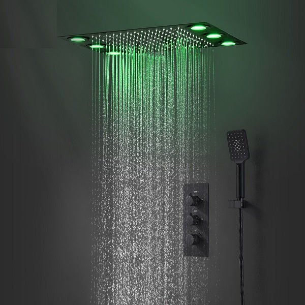 Cascada 14"x20" LED Shower System with 2-Way Thermostatic Valve - Cascada Showers shower head with handheld rain LED rainfall 3 knob handle shower heads high pressure black hand held system holder spout spray matte fixtures gold kit chrome oil rubbed bronze mixer remote modern ceiling mount 2 way thermostatic square showers system Cascada Thermostatic 14 x 20 Inch LED Shower System with 2-Way thermostatic mixer, Top Spray Shower and Push Button Hand Shower