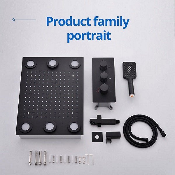 Cascada 14"x20" LED Shower System with 2-Way Thermostatic Valve - Cascada Showers shower head with handheld rain LED rainfall 3 knob handle shower heads high pressure black hand held system holder spout spray matte fixtures gold kit chrome oil rubbed bronze mixer remote modern ceiling mount 2 way thermostatic square showers system Cascada Thermostatic 14 x 20 Inch LED Shower System with 2-Way thermostatic mixer, Top Spray Shower and Push Button Hand Shower