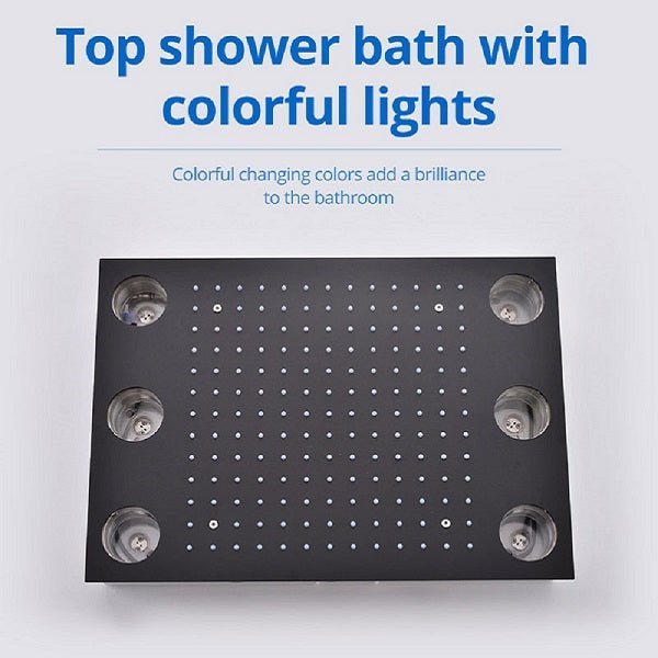 Cascada 14"x20" LED Shower System with 2-Way Thermostatic Valve - Cascada Showers shower head with handheld rain LED rainfall 3 knob handle shower heads high pressure black hand held system holder spout spray matte fixtures gold kit chrome oil rubbed bronze mixer remote modern ceiling mount 2 way thermostatic square showers system Cascada Thermostatic 14 x 20 Inch LED Shower System with 2-Way thermostatic mixer, Top Spray Shower and Push Button Hand Shower