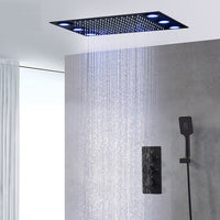 Cascada 14"x20" LED Shower System with 2-Way Thermostatic Valve - Cascada Showers shower head with handheld rain LED rainfall 3 knob handle shower heads high pressure black hand held system holder spout spray matte fixtures gold kit chrome oil rubbed bronze mixer remote modern ceiling mount 2 way thermostatic square showers system Cascada Thermostatic 14 x 20 Inch LED Shower System with 2-Way thermostatic mixer, Top Spray Shower and Push Button Hand Shower