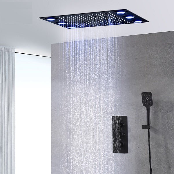 Cascada 14"x20" LED Shower System with 2-Way Thermostatic Valve - Cascada Showers shower head with handheld rain LED rainfall 3 knob handle shower heads high pressure black hand held system holder spout spray matte fixtures gold kit chrome oil rubbed bronze mixer remote modern ceiling mount 2 way thermostatic square showers system Cascada Thermostatic 14 x 20 Inch LED Shower System with 2-Way thermostatic mixer, Top Spray Shower and Push Button Hand Shower