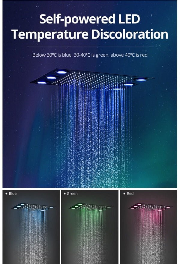 Cascada 14"x20" LED Shower System with 2-Way Thermostatic Valve - Cascada Showers shower head with handheld rain LED rainfall 3 knob handle shower heads high pressure black hand held system holder spout spray matte fixtures gold kit chrome oil rubbed bronze mixer remote modern ceiling mount 2 way thermostatic square showers system Cascada Thermostatic 14 x 20 Inch LED Shower System with 2-Way thermostatic mixer, Top Spray Shower and Push Button Hand Shower