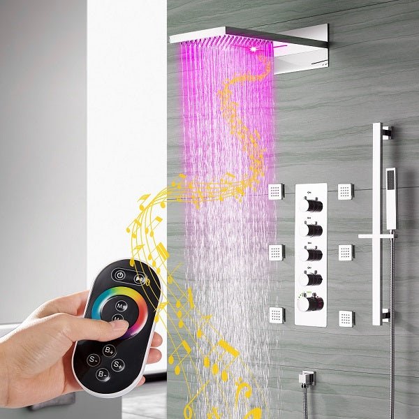 Cascada LED shower system; shower head; bathroom accessories; bathroom set; large shower head; shower system; LED shower head; shower head with handheld; wayfair Complete Shower System; LED shower system with built-in Bluetooth Speakers; multicolor LED built in Bluetooth speaker shower heads; music shower system; rain shower head; delta shower head; showerhead; black shower head; shower head with hose; shower hose; hand held shower head; shower head rainfall; rain shower head with handheld spray; 