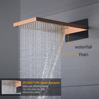 Cascada 9”x22” Contemporary shower system (Wall Mounted) with Single Handle Valve & 3 function (Rainfall, Waterfall & Hand Shower) shower head with handheld rain rainfall single valve handle shower heads high pressure black hand held system holder waterfall spray matte fixture gold kit chrome oil rubbed bronze mixer modern wall mounted 2 way thermostatic rectangle showers system