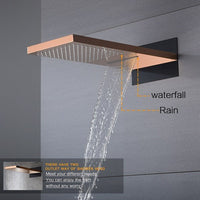 Cascada 9”x22” Contemporary shower system (Wall Mounted) with Single Handle Valve & 3 function (Rainfall, Waterfall & Hand Shower) shower head with handheld rain rainfall single valve handle shower heads high pressure black hand held system holder waterfall spray matte fixture gold kit chrome oil rubbed bronze mixer modern wall mounted 2 way thermostatic rectangle showers system