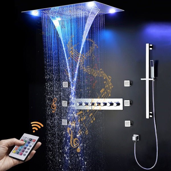 Modern Cascada Recessed LED Shower System with 5 Functions and Adjustable Wall-Mounted Sliding Bar | Cascada Showers | Multi function Shower system, Rainfall Shower Head, Waterfall Showerhead,