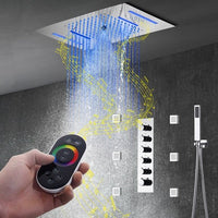 Cascada Luxury 15"x23” Music LED shower system with built-in Bluetooth Speakers,5 function (Rainfall,Waterfall,Misty,body jets & HandShower) & Remote Control 64 Color Lights cascada system LED bluetooth shower head speaker hot cold music rain rainfall musical light showerhead body spray jet waterfall misty ceiling mounted handheld high pressure thermostatic mixer holder black matte chrome oil rubbed bronze remote control