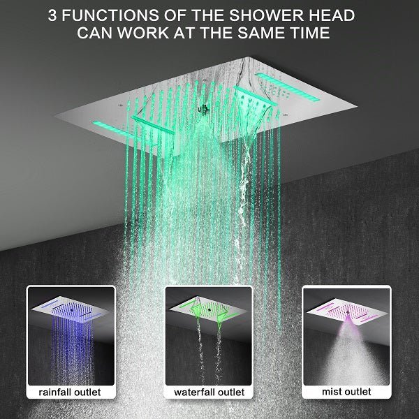 Cascada Luxury 15"x23” Music LED shower system with built-in Bluetooth Speakers,5 function (Rainfall,Waterfall,Misty,body jets & HandShower) & Remote Control 64 Color Lights cascada system LED bluetooth shower head speaker hot cold music rain rainfall musical light showerhead body spray jet waterfall misty ceiling mounted handheld high pressure thermostatic mixer holder black matte chrome oil rubbed bronze remote control