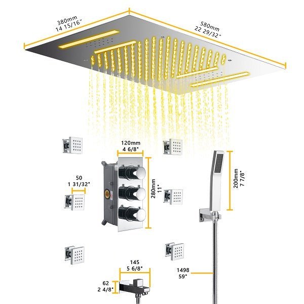 Cascada Luxury 15”x23” Music LED shower system with built-in Bluetooth Speakers, 4 function (Rainfall, Waterfall, Body Jet & Hand shower) & Remote Control 64 Color Lights cascada system LED bluetooth shower head speaker hot cold music rain rainfall musical lights showerhead body spray jets waterfall misty ceiling mounted handheld high pressure multicolor holder matte black chrome oil rubbed bronze mixer remote control