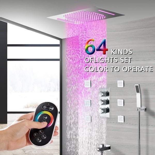 Cascada Luxury 15”x23” Music LED shower system with built-in Bluetooth Speakers, 4 function (Rainfall, Waterfall, Body Jet & Hand shower) & Remote Control 64 Color Lights cascada system LED bluetooth shower head speaker hot cold music rain rainfall musical lights showerhead body spray jets waterfall misty ceiling mounted handheld high pressure multicolor holder matte black chrome oil rubbed bronze mixer remote control