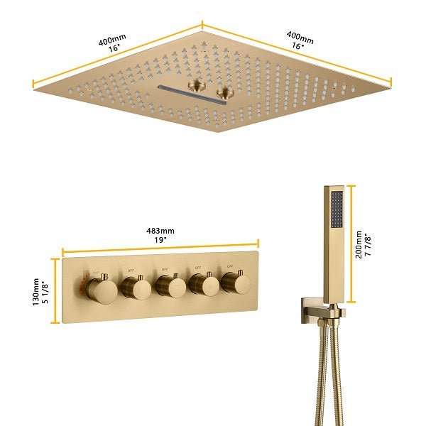 Cascada Luxury 16” Square Music LED shower system with built-in Bluetooth Speakers, 4 function (Rainfall, Waterfall, Misty, & Handshower) & Remote Control 64 Color Lights cascada system LED bluetooth shower head speaker hot cold music rain rainfall musical lights showerhead body spray jets waterfall misty ceiling mounted handheld high pressure multicolor holder matte black chrome oil rubbed bronze mixer remote control