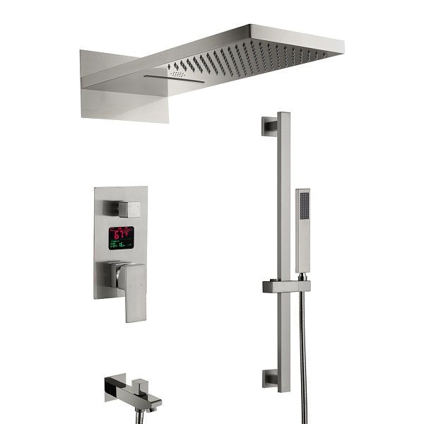 Cascada LED shower system; shower head; bathroom accessories; bathroom set; large shower head; shower system; LED shower head; shower head with handheld; wayfair Complete Shower System; LED shower system with built-in Bluetooth Speakers; multicolor LED built in Bluetooth speaker shower heads; music shower system; rain shower head; delta shower head; showerhead; black shower head; shower head with hose; shower hose; hand held shower head; shower head rainfall; rain shower head with handheld spray; 