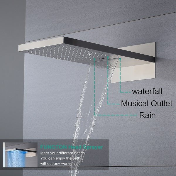 Cascada LED shower system; shower head; bathroom accessories; bathroom set; large shower head; shower system; LED shower head; shower head with handheld; wayfair Complete Shower System; LED shower system with built-in Bluetooth Speakers; multicolor LED built in Bluetooth speaker shower heads; music shower system; rain shower head; delta shower head; showerhead; black shower head; shower head with hose; shower hose; hand held shower head; shower head rainfall; rain shower head with handheld spray; 