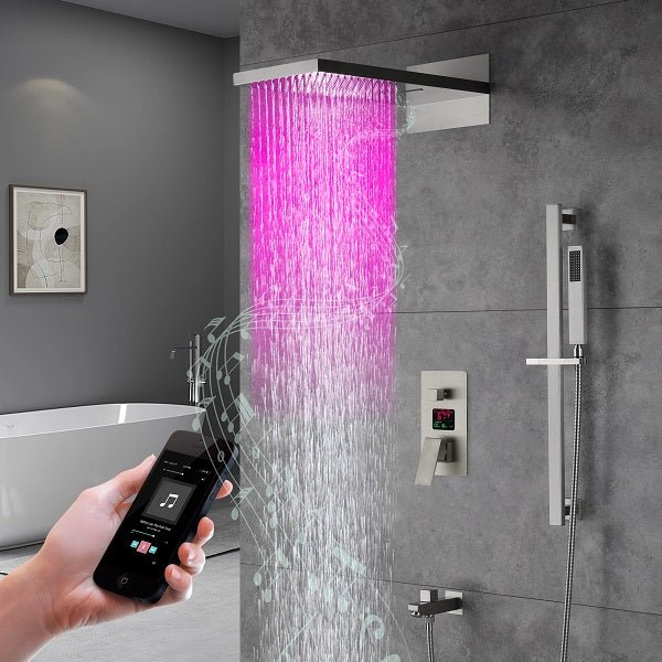 Cascada LED shower system; shower head; bathroom accessories; bathroom set; large shower head; shower system; LED shower head; shower head with handheld; wayfair Complete Shower System; LED shower system with built-in Bluetooth Speakers; multicolor LED built in Bluetooth speaker shower heads; music shower system; rain shower head; delta shower head; showerhead; black shower head; shower head with hose; shower hose; hand held shower head; shower head rainfall; rain shower head with handheld spray; 
