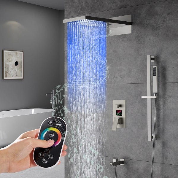Cascada LED shower system; shower head; bathroom accessories; bathroom set; large shower head; shower system; LED shower head; shower head with handheld; wayfair Complete Shower System; LED shower system with built-in Bluetooth Speakers; multicolor LED built in Bluetooth speaker shower heads; music shower system; rain shower head; delta shower head; showerhead; black shower head; shower head with hose; shower hose; hand held shower head; shower head rainfall; rain shower head with handheld spray; 