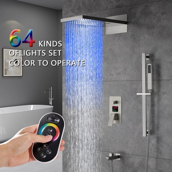 Cascada Luxury 22” Music LED shower system (Wall Mounted) with Single Valve & LCD Display, 3 function (Rain, Waterfall & Hand Shower) & Remote Control 64 Color Lights (Matt Black) cascada system LED bluetooth shower head with handheld speaker hot cold music rain rainfall musical light showerhead body spray jet waterfall lifting rod wall mounted high pressure thermostatic mixer black matte chrome oilrubbed bronze remote control