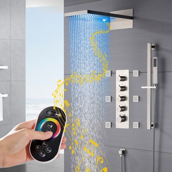 Cascada LED shower system; shower head; bathroom accessories; bathroom set; large shower head; shower system; LED shower head; shower head with handheld; wayfair Complete Shower System; LED shower system with built-in Bluetooth Speakers; multicolor LED built in Bluetooth speaker shower heads; music shower system; rain shower head; delta shower head; showerhead; black shower head; shower head with hose; shower hose; hand held shower head; shower head rainfall; rain shower head with handheld spray; 