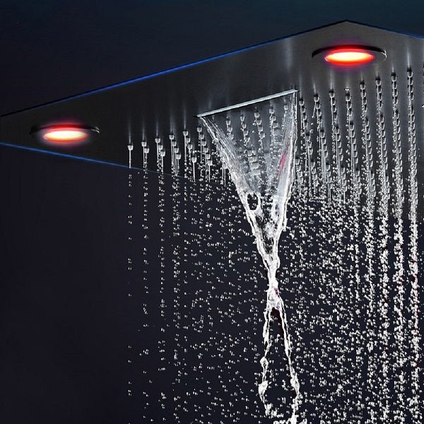 Cascada Luxurious Design 23"x31" LED Shower System, 6 Functions (Rainfall, Waterfall, Curtain, Misty, Body Jets & Handheld) & Remote App for lights cascada system LED bluetooth shower head speaker hot cold music rain rainfall musical lights showerhead body spray jets waterfall misty ceiling mounted handheld high pressure multicolor holder matte black chrome oil rubbed bronze mixer remote control