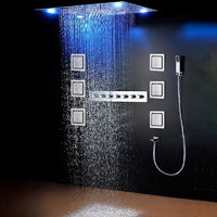 Cascada Classic Design 23"x31" Large shower Set with Waterfall LED rectangle recessed 4 function shower head, massaging body jets & handheld, remote control , Stainless Steel shower head with handheld rain Curtain LED multicolor 6 function shower head, massaging body jets hand held system holder rainfall waterfall SPA mist matte black gold chrome oil rubbed bronze 7 knob valve mixer ceiling mount remote control app system