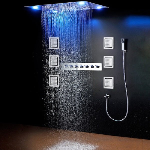 Cascada Classic Design 23"x31" Large shower Set with Waterfall LED rectangle recessed 4 function shower head, massaging body jets & handheld, remote control , Stainless Steel shower head with handheld rain Curtain LED multicolor 6 function shower head, massaging body jets hand held system holder rainfall waterfall SPA mist matte black gold chrome oil rubbed bronze 7 knob valve mixer ceiling mount remote control app system