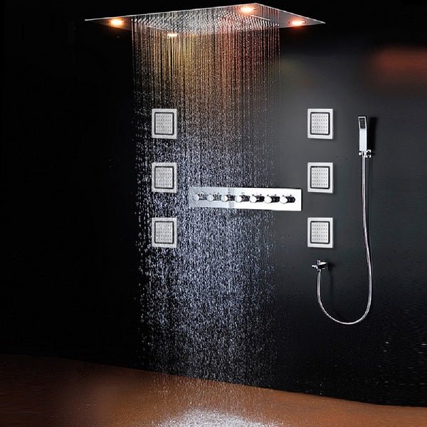 Cascada Classic Design 23"x31" Large shower Set with Waterfall LED rectangle recessed 4 function shower head, massaging body jets & handheld, remote control , Stainless Steel shower head with handheld rain Curtain LED multicolor 6 function shower head, massaging body jets hand held system holder rainfall waterfall SPA mist matte black gold chrome oil rubbed bronze 7 knob valve mixer ceiling mount remote control app system