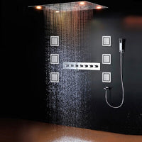 Cascada Classic Design 23"x31" Large shower Set with Waterfall LED rectangle recessed 4 function shower head, massaging body jets & handheld, remote control , Stainless Steel shower head with handheld rain Curtain LED multicolor 6 function shower head, massaging body jets hand held system holder rainfall waterfall SPA mist matte black gold chrome oil rubbed bronze 7 knob valve mixer ceiling mount remote control app system