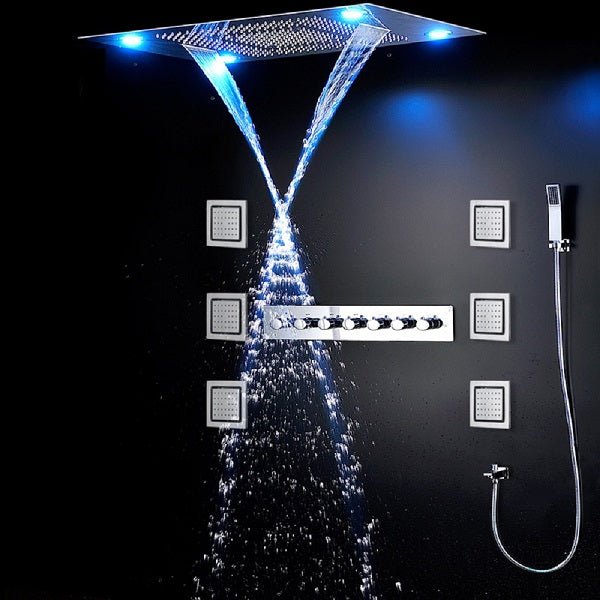 Cascada Classic Design 23"x31" Large shower Set with Waterfall LED rectangle recessed 4 function shower head, massaging body jets & handheld, remote control , Stainless Steel shower head with handheld rain Curtain LED multicolor 6 function shower head, massaging body jets hand held system holder rainfall waterfall SPA mist matte black gold chrome oil rubbed bronze 7 knob valve mixer ceiling mount remote control app system