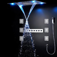 Cascada Classic Design 23"x31" Large shower Set with Waterfall LED rectangle recessed 4 function shower head, massaging body jets & handheld, remote control , Stainless Steel shower head with handheld rain Curtain LED multicolor 6 function shower head, massaging body jets hand held system holder rainfall waterfall SPA mist matte black gold chrome oil rubbed bronze 7 knob valve mixer ceiling mount remote control app system