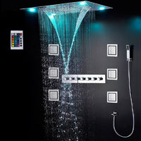 Cascada Classic Design 23"x31" Large shower Set with Waterfall LED rectangle recessed 4 function shower head, massaging body jets & handheld, remote control , Stainless Steel shower head with handheld rain Curtain LED multicolor 6 function shower head, massaging body jets hand held system holder rainfall waterfall SPA mist matte black gold chrome oil rubbed bronze 7 knob valve mixer ceiling mount remote control app system