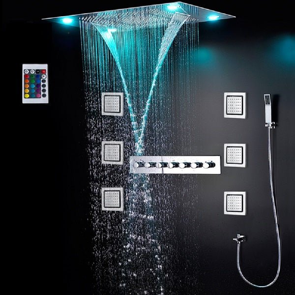 Cascada Classic Design 23"x31" Large shower Set with Waterfall LED rectangle recessed 4 function shower head, massaging body jets & handheld, remote control , Stainless Steel shower head with handheld rain Curtain LED multicolor 6 function shower head, massaging body jets hand held system holder rainfall waterfall SPA mist matte black gold chrome oil rubbed bronze 7 knob valve mixer ceiling mount remote control app system