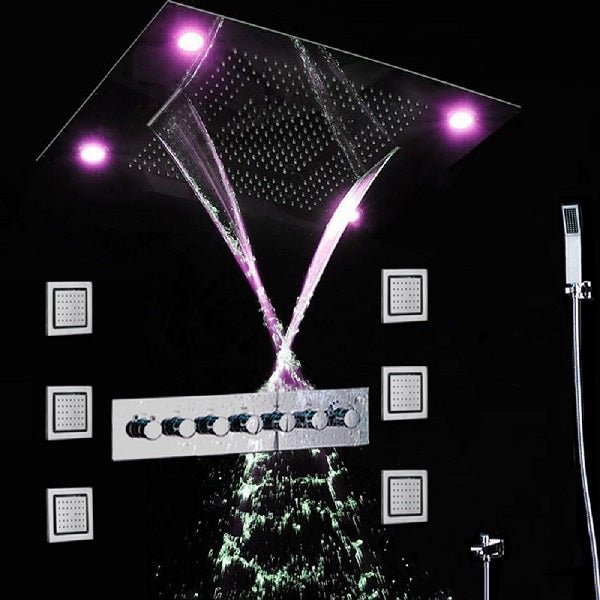 Cascada Classic Design 23"x31" Large shower Set with Waterfall LED rectangle recessed 4 function shower head, massaging body jets & handheld, remote control , Stainless Steel shower head with handheld rain Curtain LED multicolor 6 function shower head, massaging body jets hand held system holder rainfall waterfall SPA mist matte black gold chrome oil rubbed bronze 7 knob valve mixer ceiling mount remote control app system
