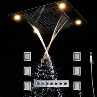 Cascada Classic Design 23"x31" Large shower Set with Waterfall LED rectangle recessed 4 function shower head, massaging body jets & handheld, remote control , Stainless Steel shower head with handheld rain Curtain LED multicolor 6 function shower head, massaging body jets hand held system holder rainfall waterfall SPA mist matte black gold chrome oil rubbed bronze 7 knob valve mixer ceiling mount remote control app system