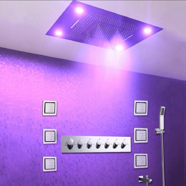 Cascada Classic Design 23"x31" Large shower Set with Waterfall LED rectangle recessed 4 function shower head, massaging body jets & handheld, remote control , Stainless Steel shower head with handheld rain Curtain LED multicolor 6 function shower head, massaging body jets hand held system holder rainfall waterfall SPA mist matte black gold chrome oil rubbed bronze 7 knob valve mixer ceiling mount remote control app system