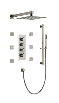Cascada Luxury 12” Rainfall Shower set (Wall Mounted) with 4 knob thermostatic Valves & 3 functions (Rainfall, Body jets & Hand Shower) shower head with handheld Cascada shower set system black matte flexible brass set fixtures nickel square rain systems brushed showerhead bathroom top rated heads luxury full body jets thermostatic mixer rainfall sprayer spray hose gold wall mounted